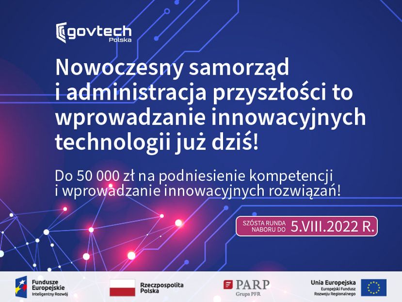 Plakat programu „GovTech_InnoLab_Innowacyjne Samorządy Przyszłości. Wsparcie dla JST w procesie wdrażania innowacji na rzecz lokalnych społeczności”.
