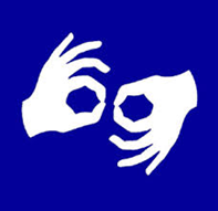 Ikona tłumacza języka migowego. Granatowy kwadrat a na nim dwie białe dłonie. Opuszki palców kciuka i wskazującego złączone. Palce obu dłoni skierowane do siebie. To gest rozmowy przy użyciu dłoni.