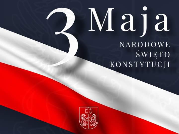 Grafika z napisem "3 Maja Narodowe Święto Niepodległości". Po napisem flaga Polski